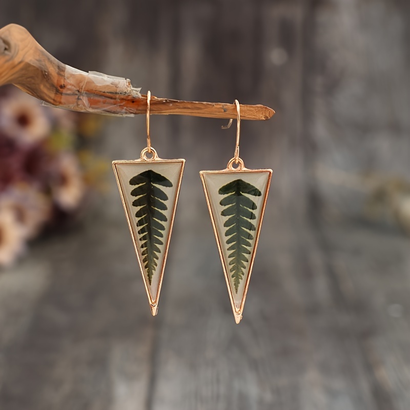 

Transparent Triangle Shape Green Leaf Pattern Dangle Earrings Retro Simple Style Alloy Jewelry Holiday Ear Ornaments