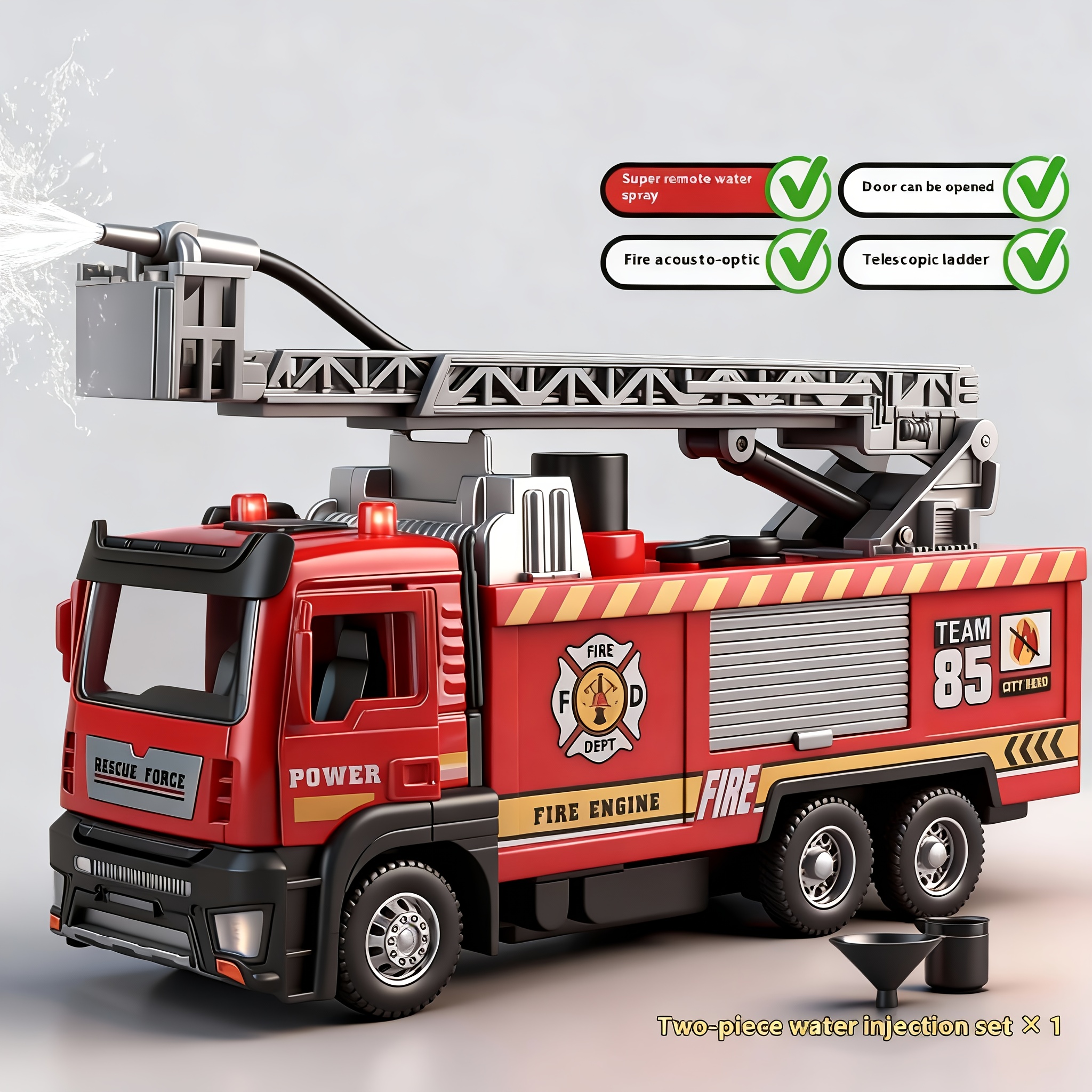 metal fire truck ladder model toy with   spray function when filled with tap water openable doors lights and music retractable ladder with 360 rotation and pull back action   movement suitable for boys and girls
