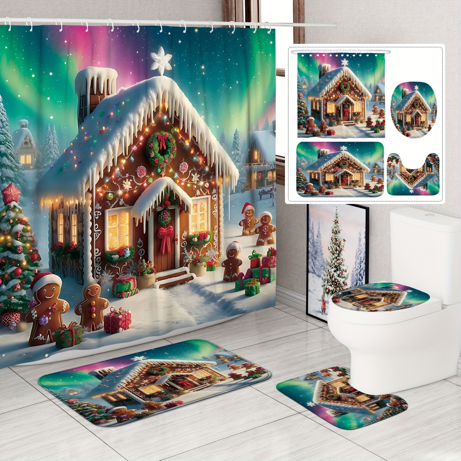 

1/4pcs Christmas Curtain Set Curtain And Rugs Polyester For Bathroom Or Decor 12 Bath Mat Lid Mat