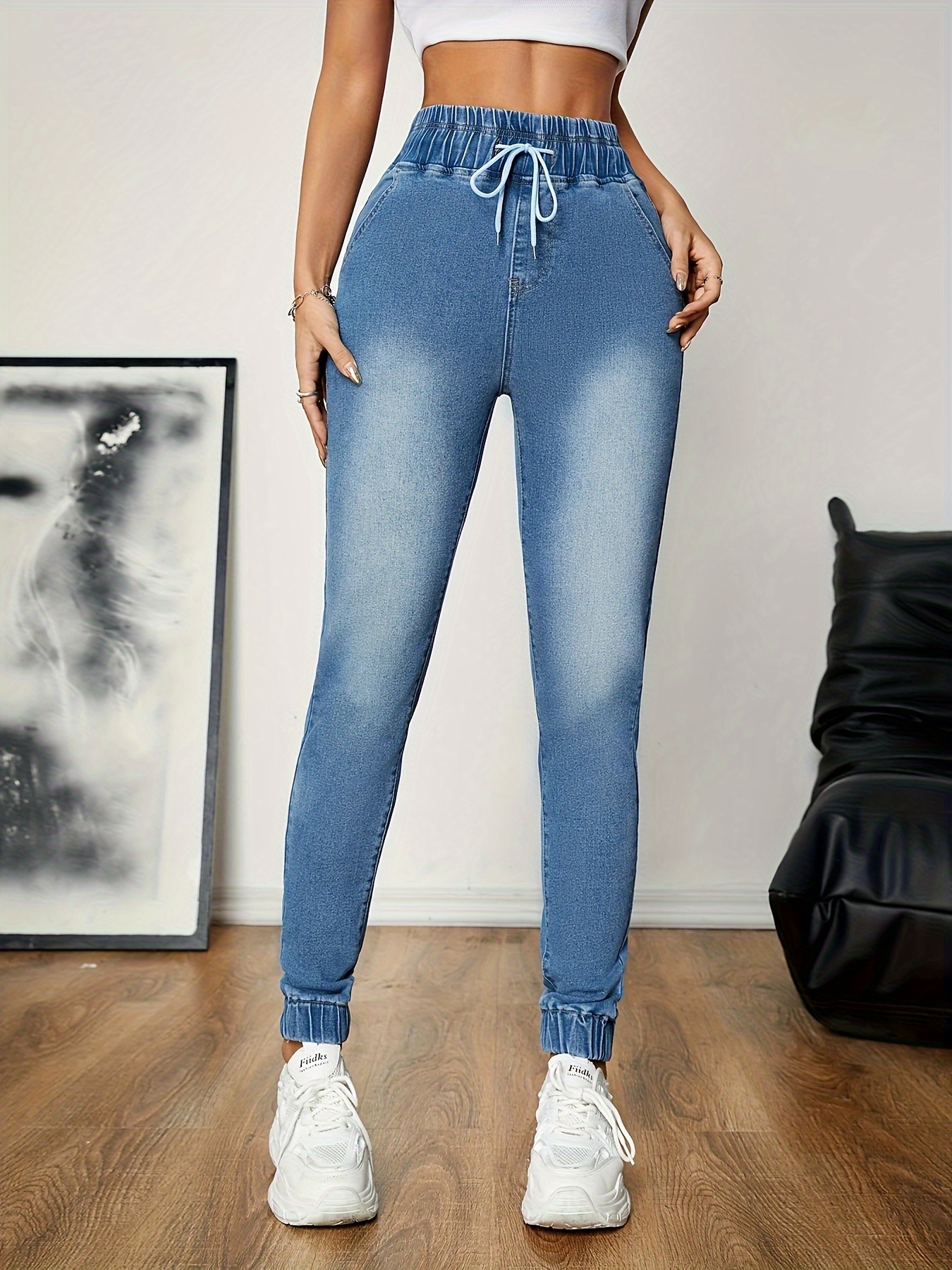 Denim Joggers Drawstring Denim Pants Womens Women's High Waist