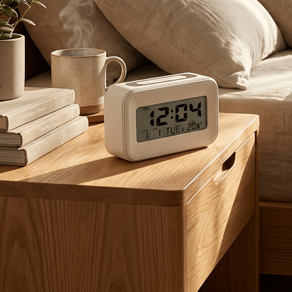 de Noche - Reloj a Pilas con Pantalla LCD, Volumen Ajustable, Función Snooze y de Semana para Dormitorio, Oficina, Escritorio, Viajes, Diseño Compacto, Plástico Duradero