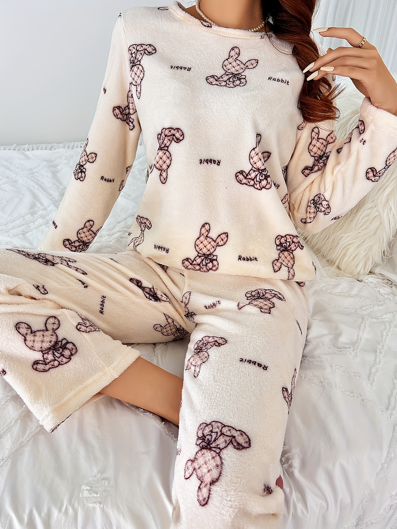 Cartoon Animal Print Pajama Set, Long Sleeve Crew Neck Top & Elastic  Waistband Pants, Women's Sleepwear & Loungewear