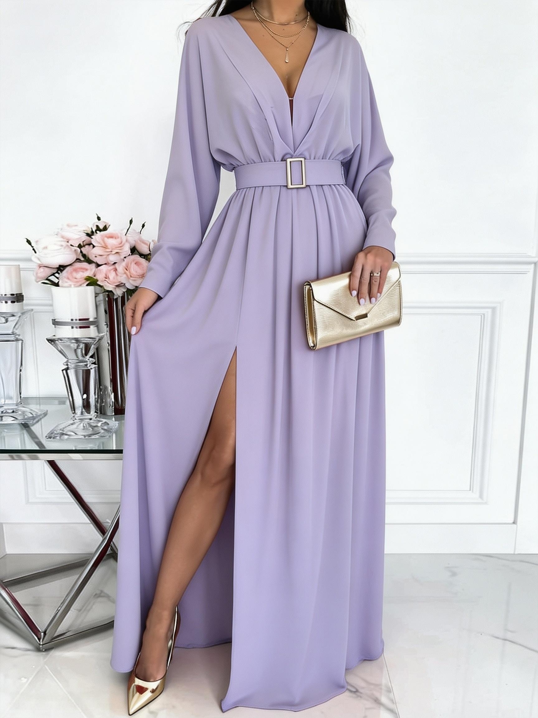 dress styles for ladies * Designed Women's Elegant and *-Neck Long with Split Hem and Batwing Sleeves WebColor_Heather Light Grey
