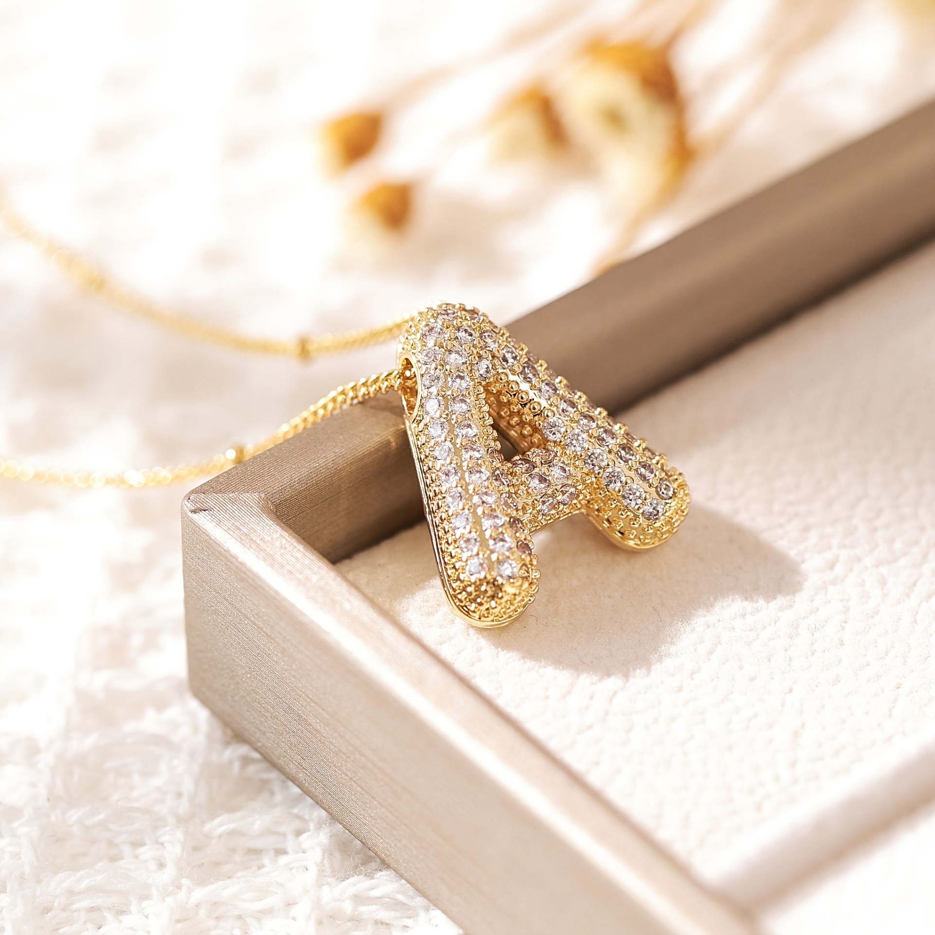 TEMU 1pc Bubble Letter Necklace With Sparkling Alphabet 26 A-z Letter Necklace, 18k Golden Plated Balloon Initial Necklace, Women's Jewelry Gift For