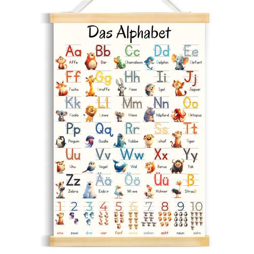 lustiges deutsch alphabet abc poster, tierillustration wandsticker mit doppelter dekorative gemälde, grundlegende buchstaben zahlen, leinwand wanddekoration, wanddekoration für zuhause, büro, küche, weihnachts- geburtstagsgeschenk