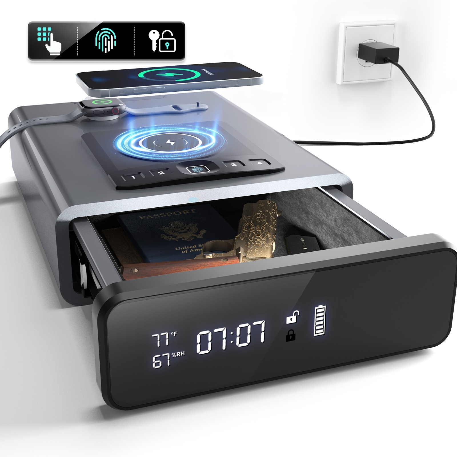 Biometric Gun Safe, Novel Home Fingerprint Safe with LED Clock, DOJ Pistol Safe with 2-in-1 Watch And Mobile Wireless Charging, Backlit Keypad, LED Light, Safety Jewelry Storage, Bedside Storage..The Best Gift for Father's Day