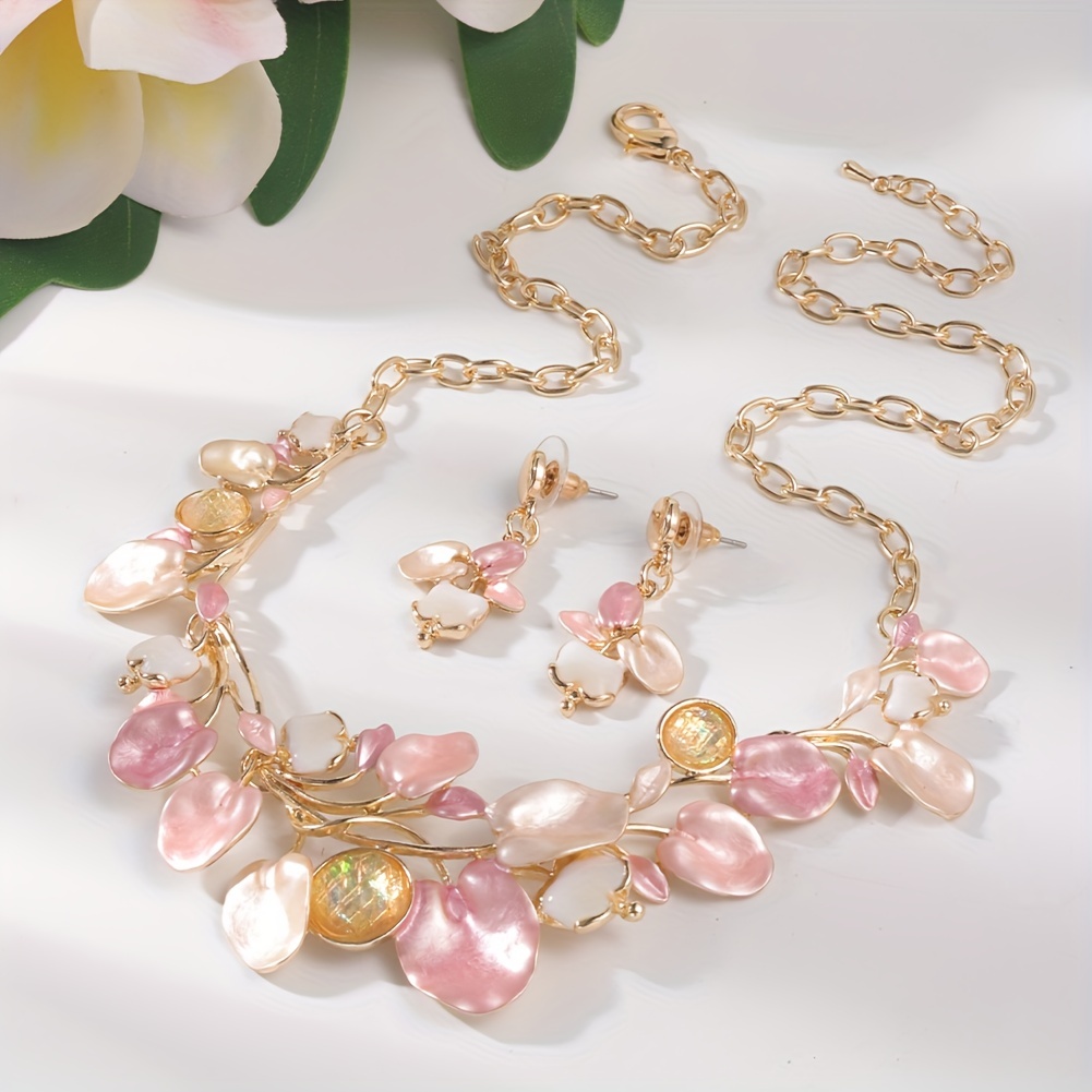 Romantic Pink Leaf Enamel Jewelry Set for Women