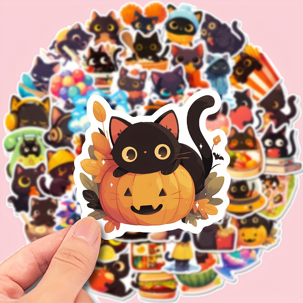 

50pcs Halloween Cat & Pumpkin Stickers - Vinyl, Waterproof Decals For Laptops, Water Bottles, Helmets & More - Daily Use & Holiday Decor