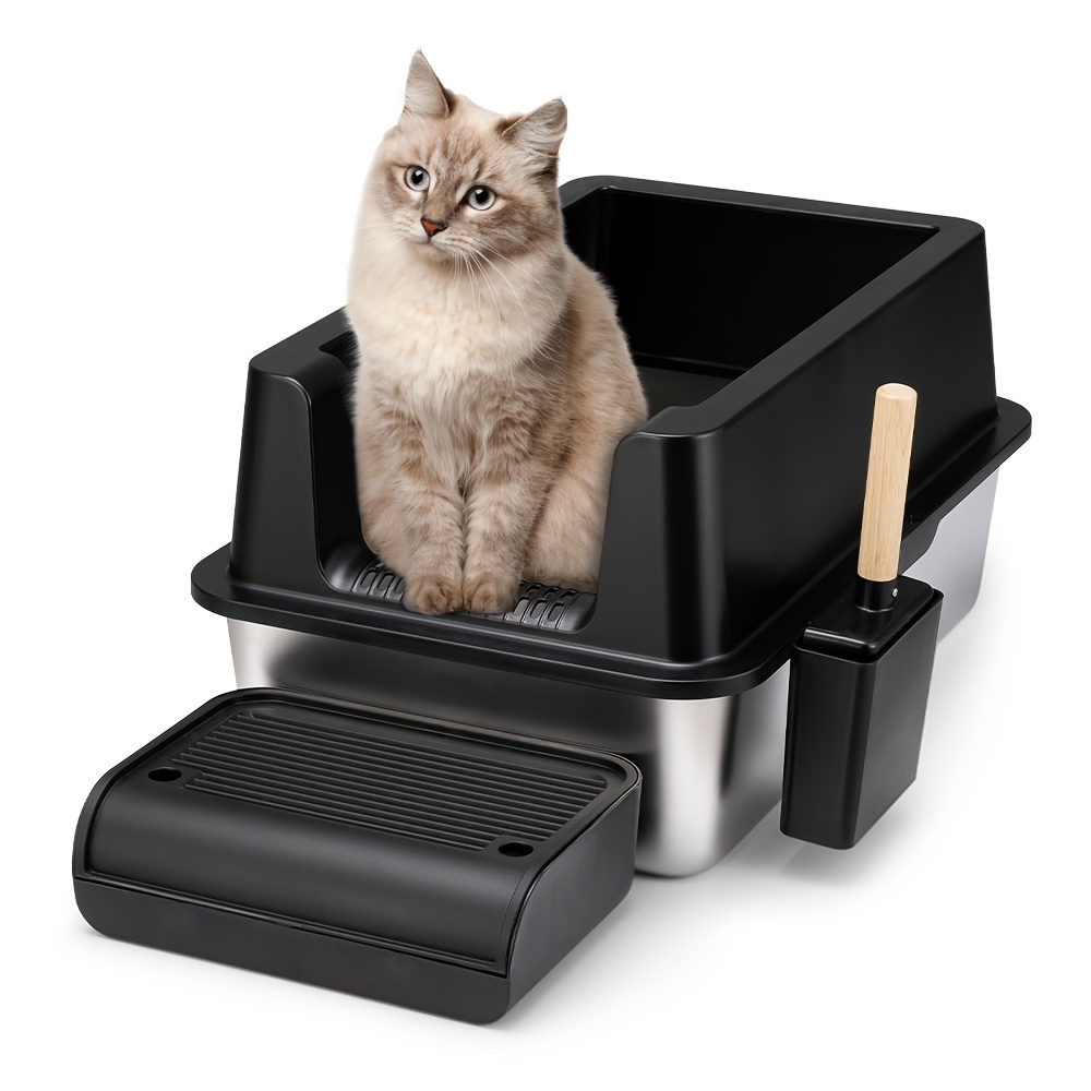 TEMU Xxl/2-in-1 Large Cat Litter Box Stainless Steel Enclosed/semi-enclosed Non Stick Leak-proof 20l Black
