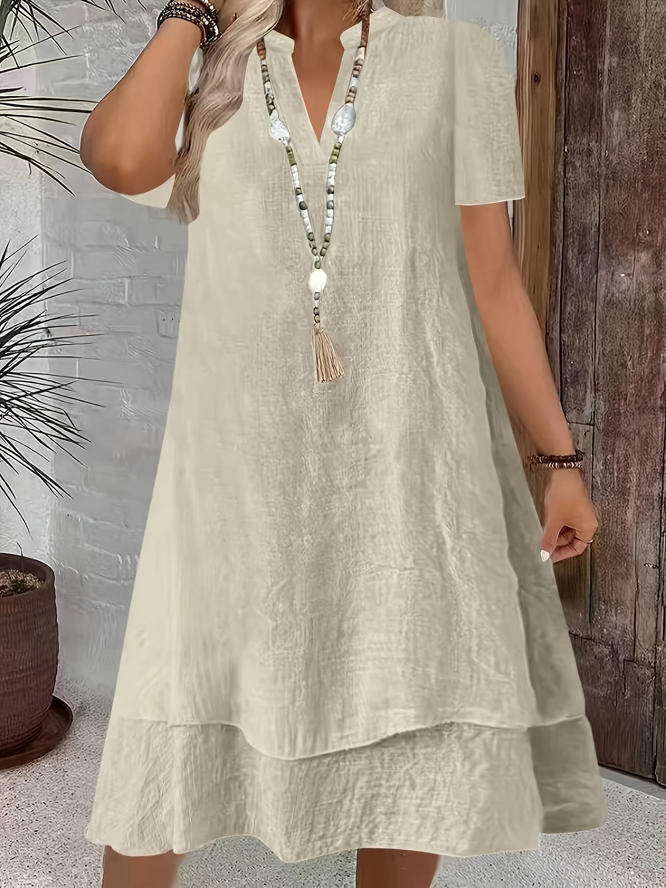 item picture and summer short sleeve v neck womens casual loose fashion elegant commuting vacation solid color double layer cake skirt dress