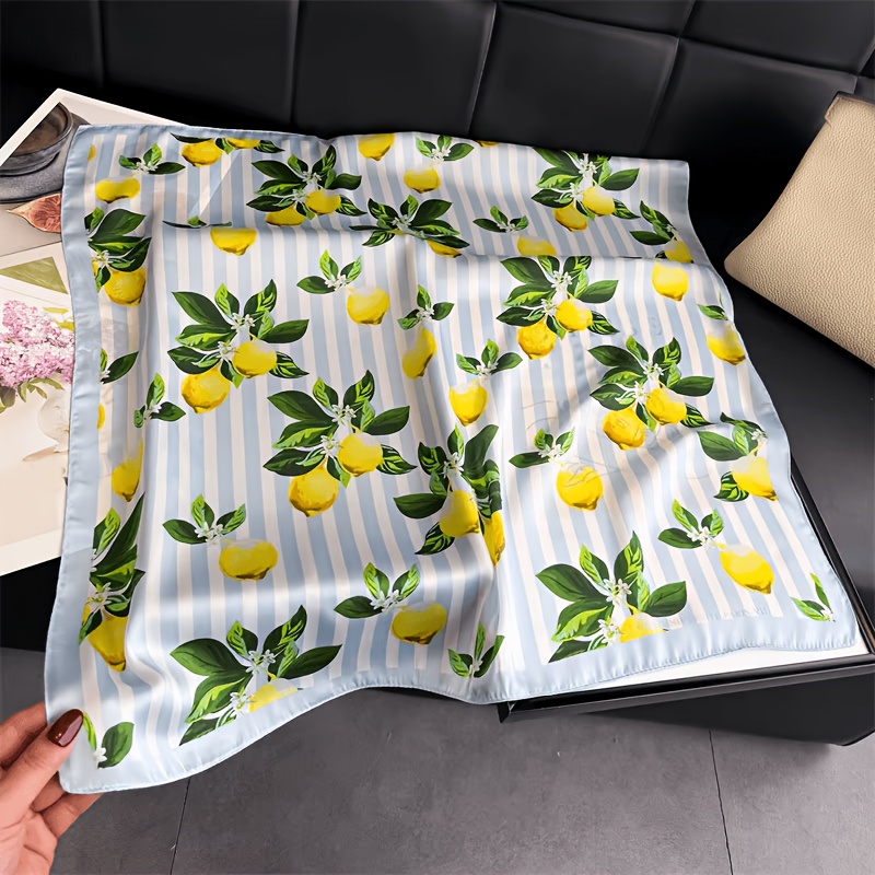 TEMU Fashionable Striped Lemon Pattern Women' Scarf 27.5 Inches, Smooth, Soft, Breathable, And Lightweight, Suitable For Summer Beach Parties, Casual