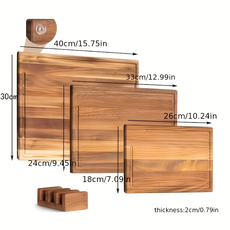 Set Of 3 Solid Acacia Chopping Boards (40 X 30cm/ 33 X 24cm/ 26 X 18cm), With Board Stand, 2cm Thick Wooden Boards With Juice , Designer Chopping Board Set