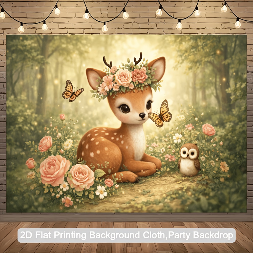 TEMU Forest-themed Party Banner Backdrop Suitable For Weddings, Birthdays & Showers - Forest Fawn With Floral Wreath, Owl & Butterflies, Wall