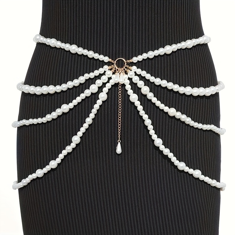 Elegant Silver and Black Chain Belt with Pearls Handmade Pearl Waist Chain for Women, Y2K Body Chain Jewelry  main image 4
