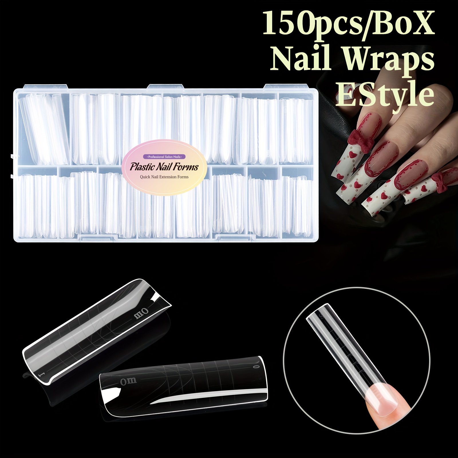 Image of 150pcs/box Artificial Nail Stickers, Type E Nail Wraps, Reusable Material, Phototherapy Extension Nails, With Measurements, Suitable For Building Foot , Ideal For Beginners And Professional Nail Tools