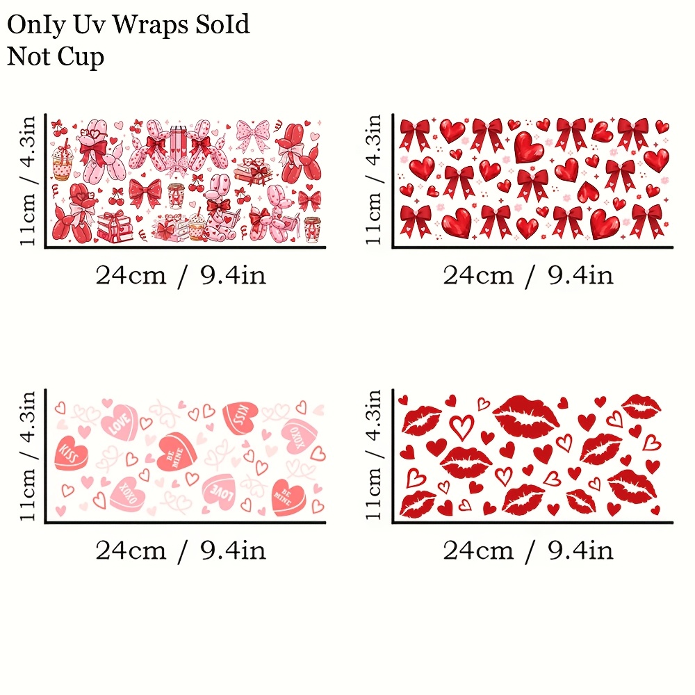 TEMU 4pcs Valentine's Day Bow Heart Pattern Uv Dtf Cup Stickers - Matte End, Suitable For 16oz Glass Mugs And Coffee Cups - Heart, Cupid, And Lips