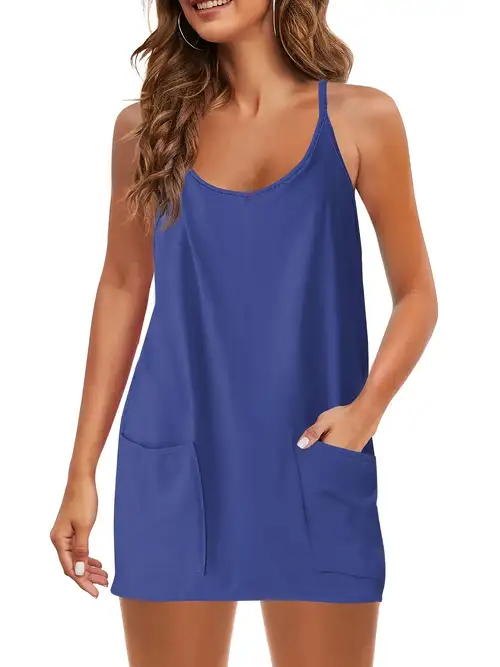 summer dress with shorts underneath Athletic Womens Sresses Sleeveless Spaghetti Straps Simple Solid Color dress womens athletic dress Summer Dresses 01-Khaki L dress with shorts underneath sold