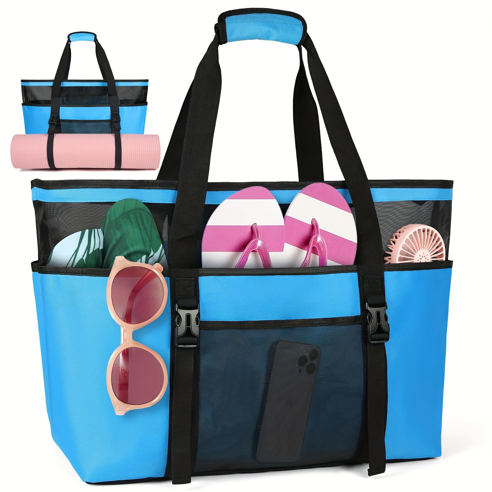 1pc   extra large casual beach tote bag oxford cloth mesh travel bag with top zipper   swim pool bag for weekender   use black blue 0