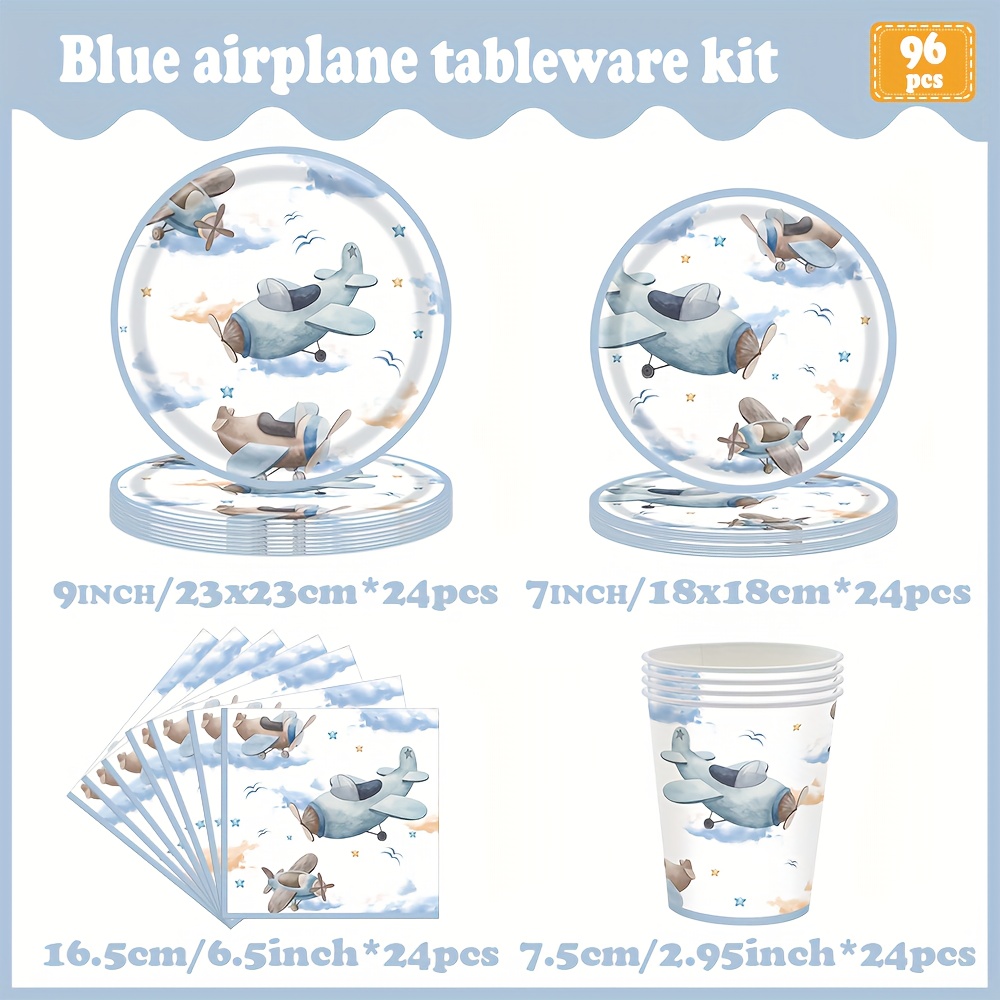 A 96-piece Set Of Blue Airplane -themed Disposable Party Tableware, Including Paper Plates, Napkins, And Cups, For Party Decorations I Perfect For Halloween