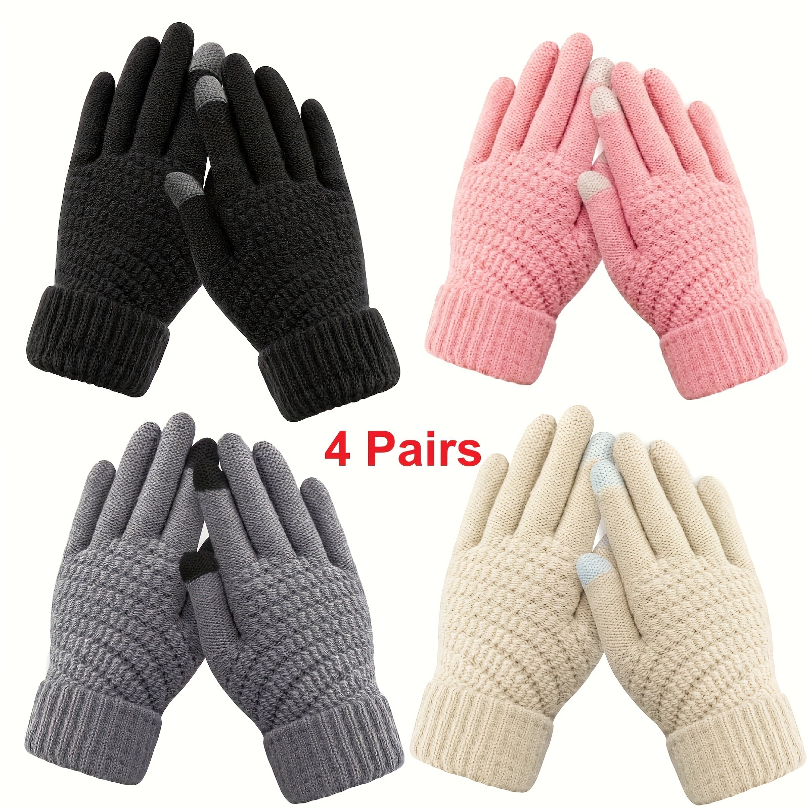 

4-pack Women's Winter Gloves, Knitted Warm, Cuff, Unisex, Touchscreen Compatible, Casual Outdoor Wear, Polyester Material, Hand Wash Only