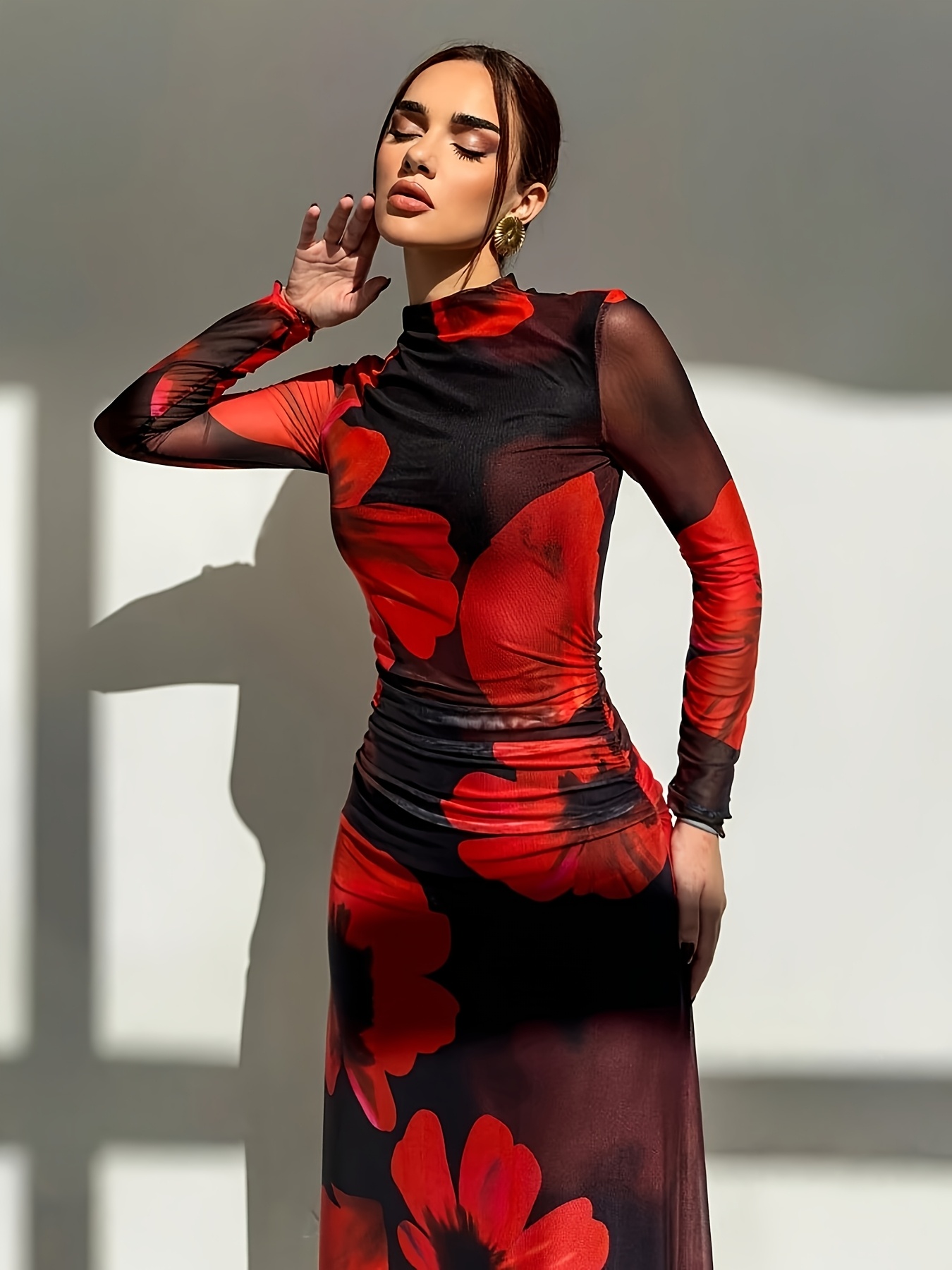 dye print mesh print party long sleeve fitted long - Temu