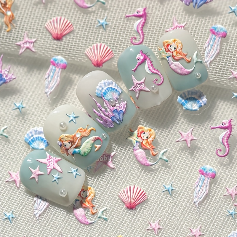 Image of 1 Mermaid And Sea, Ocean Themed Nail Art Sticker, Featuring Summer Elements Such As , Shells, Starfish, , , Jellyfish, Etc., Suitable For Personal Diy Use