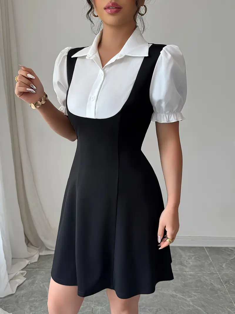black short sleeve dress with white collar Posreflo - Short-Sleeve Collar A-Line Dress