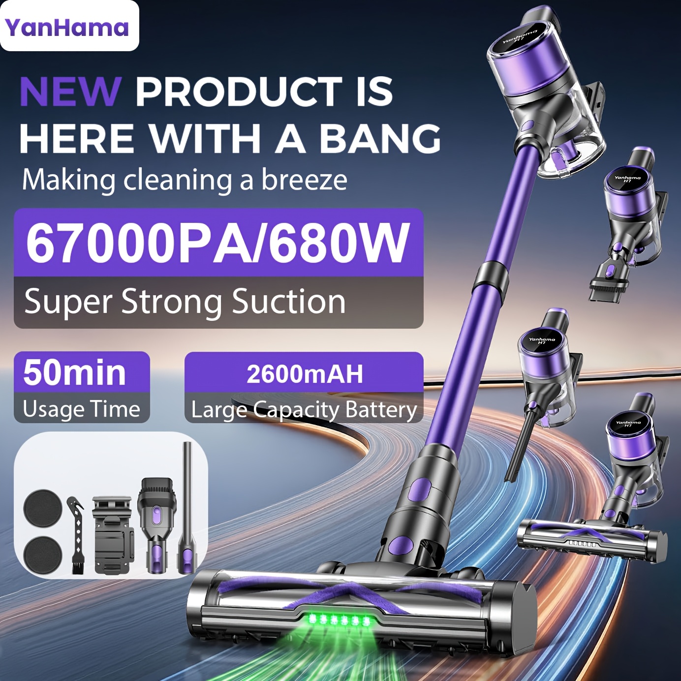 Image of 67kpa/680w Cordless Vacuum Cleaner With , 6-in-1 Lightweight Handheld Vacuum, Powerful Suction For Pet Hair, Hardwood Floors, Carpets, And Car Interior Cleaning. Purple Golden