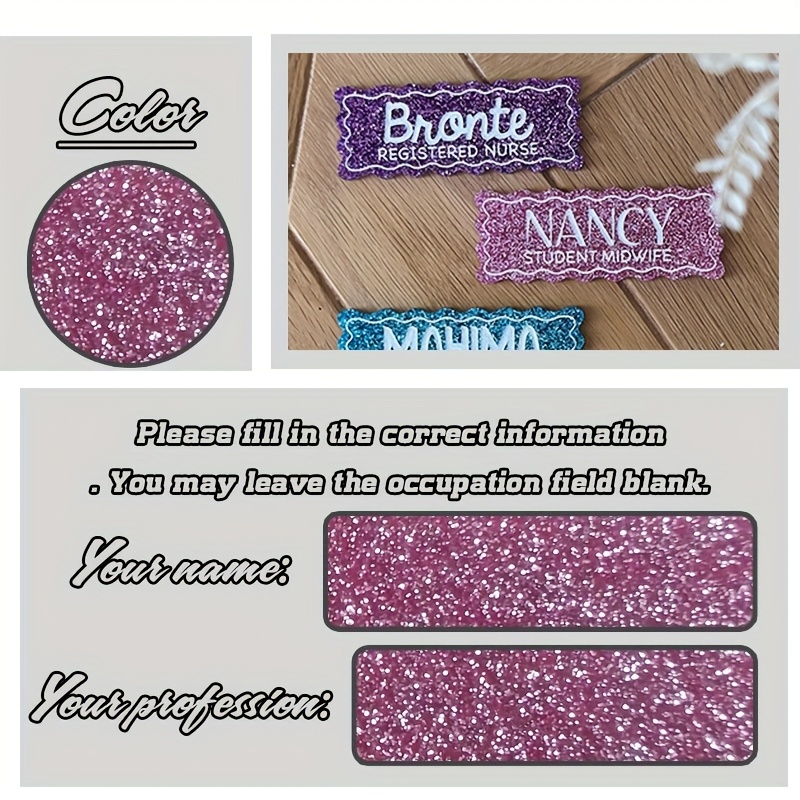 TEMU Customized Name Badges Featuring Names And Professions, Personalized Glitter Name Tags, And Wavy Custom Employee Identification Signs