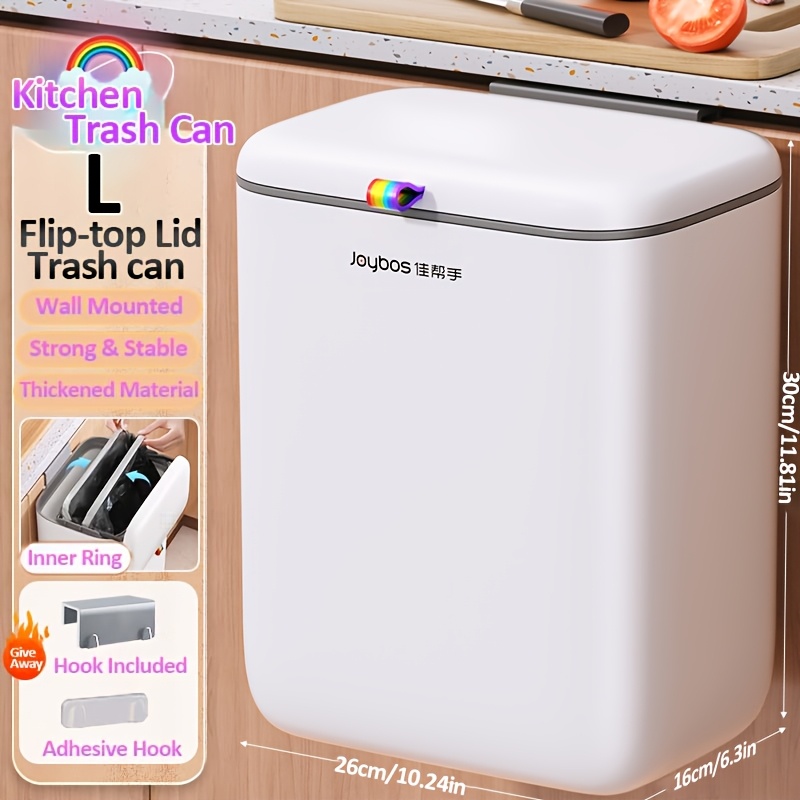 Image of Joybos Kitchen Trash Can, Cabinet Door/wall-mounted Dual-use Sliding Lid Waste Bin, Large Opening Kitchen Hanging Paper Basket, No-bend Kitchen Storage Bucket, Home Cabinet Door Hanging Trash Can