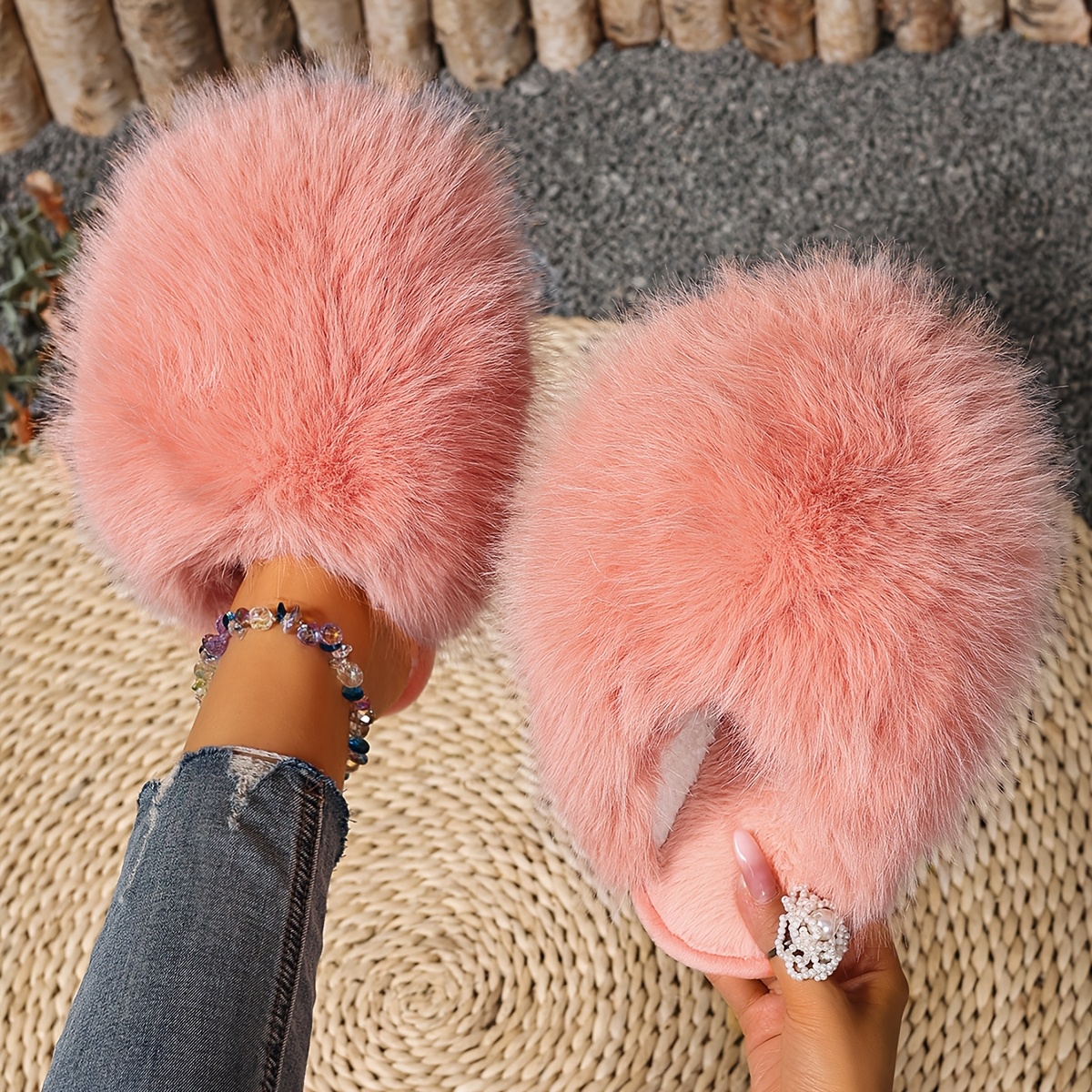 TEMU 2025 New Women's Fashion Outdoor Fuzzy Slippers, Autumn/winter Style Flat Korean Warm Women's Slippers, Women Shoes