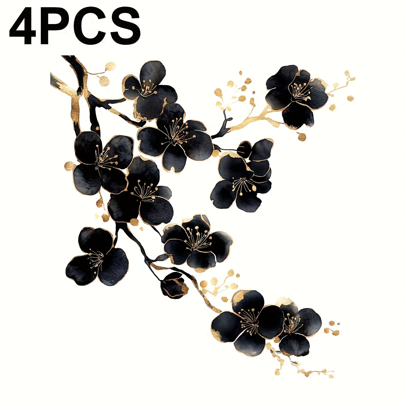 E-shop 4 Stück langlebige, waschbar schwarz & goldene Blumenmuster-Etiketten mit elegantem Pflaumenblüten-Motiv in gemischter Farbe - Bügelfolie zum
