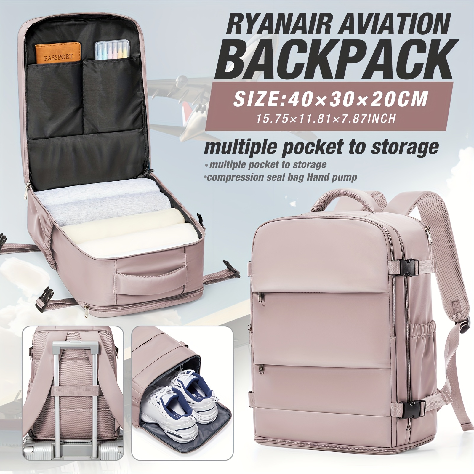 TEMU Borsa da cabina per Ryanair 40x30x20cm, per laptop compatibile con compagnie aeree low cost, adatta alle dimensioni da cabina, cerniera qualit�,