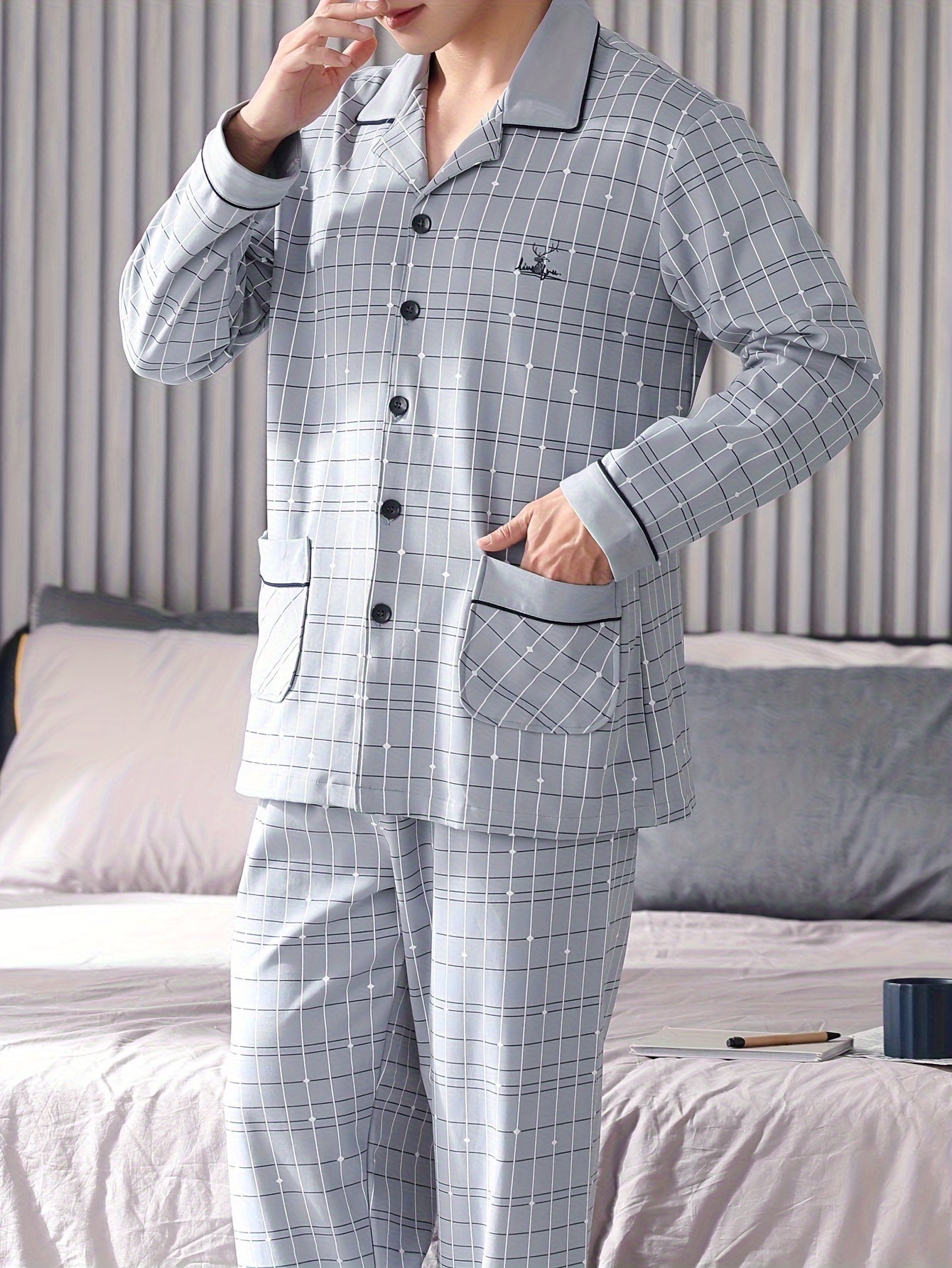 Men's 100% Cotton Pajama Set with Geometric Pattern, Casual Style, Long Sleeve, Knit Fabric, Comfortable Breathable, with Pockets, Spring/Summer/Autumn Collection