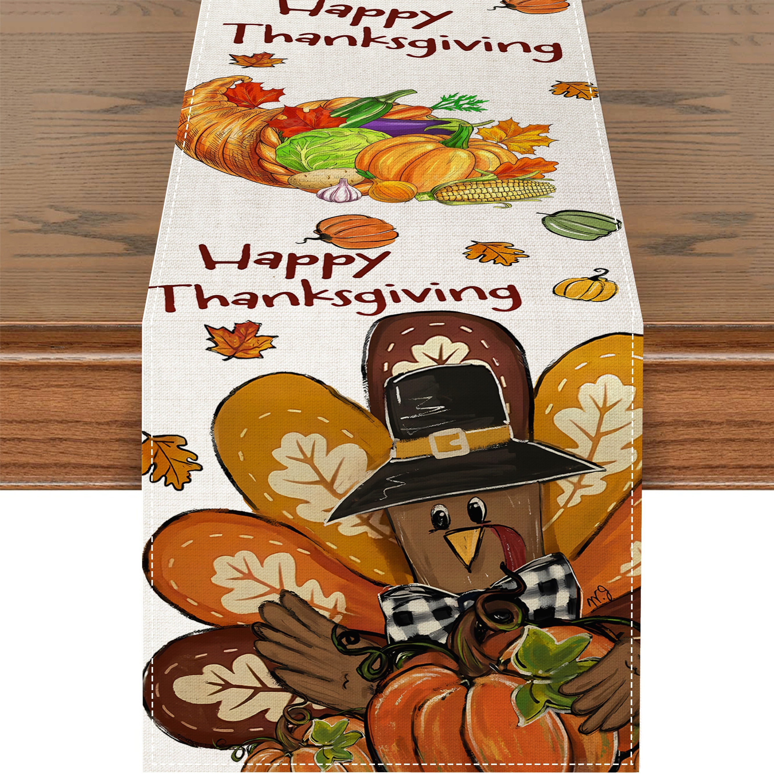 

Happy Thanksgiving Table Runner - Turkey & Fall Harvest Design, Beige Burlap, Perfect For Indoor/outdoor Dining & Home Party Decor