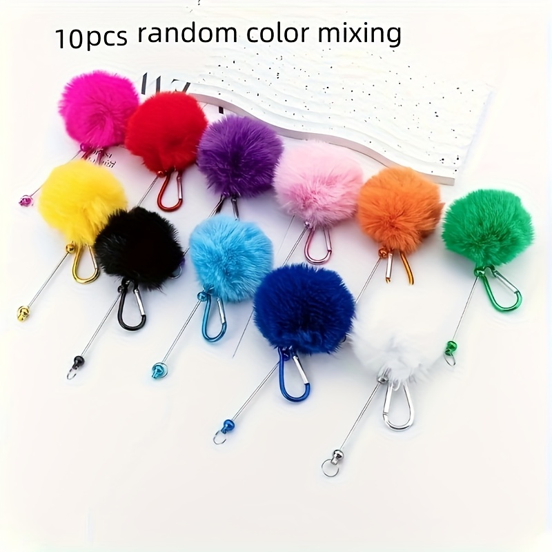 TEMU 10pcs Handmade Plush Keychain Pendants With Heart-shaped Beads & Metal Clasps - 10 Vibrant Colors (pink, Blue, Yellow, Green, Red, Black, White,