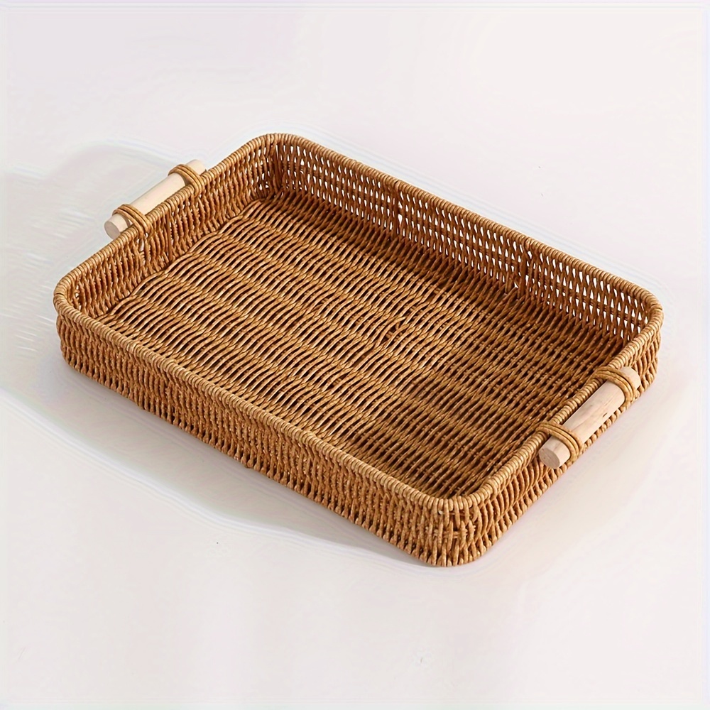 

Panier de rangement tissé contemporain avec poignées en bois : Parfait pour le salon, la chambre à coucher, la cuisine, la salle de bain et l'hôtel - Conception empilable pour un rangement efficace