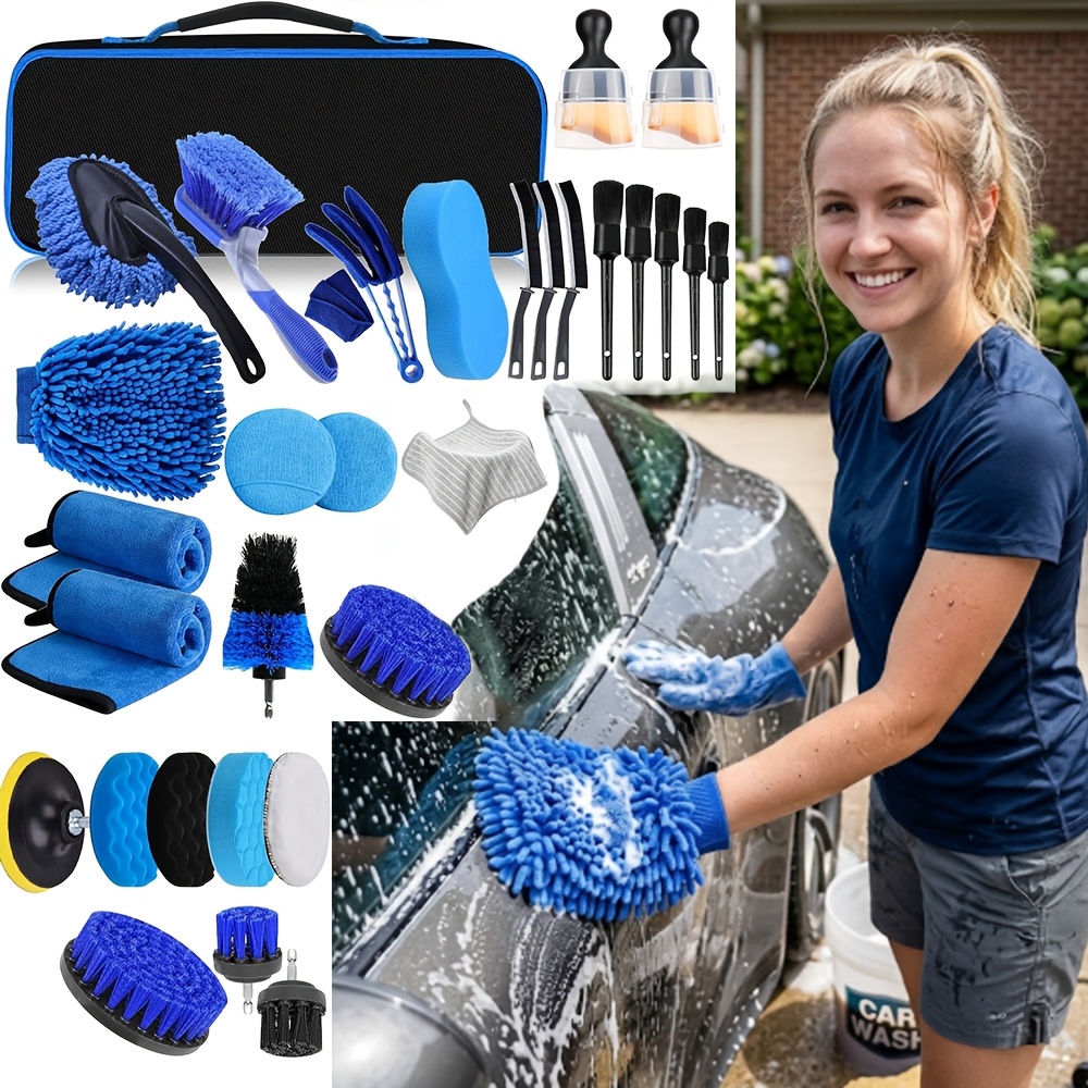 Image of 32pcs Car Cleaning Set, Car Wash Kit For Interior And Exterior, Cleaning Brushes For Wheels, Air Vents, And Dashboard, Car Cleaning Kit For Car And Home Use, Car Care Set