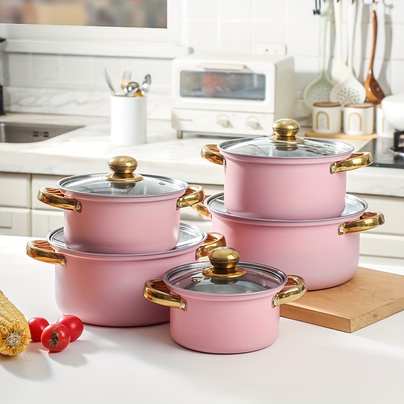 TEMU Stainless Steel Kitchen Induction Pot Cookware Set, 10-piece Basic Stainless Steel Pots And Pans, Non Stick Cooking Kitchen Stainless Cookware Set (pink)