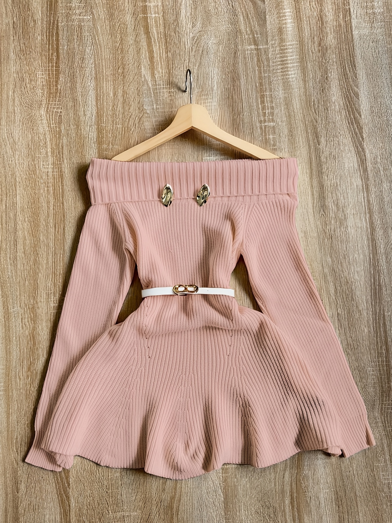french style waist cinching   hem sweet spicy fitted sweater for women off the shoulder crop dress without belt