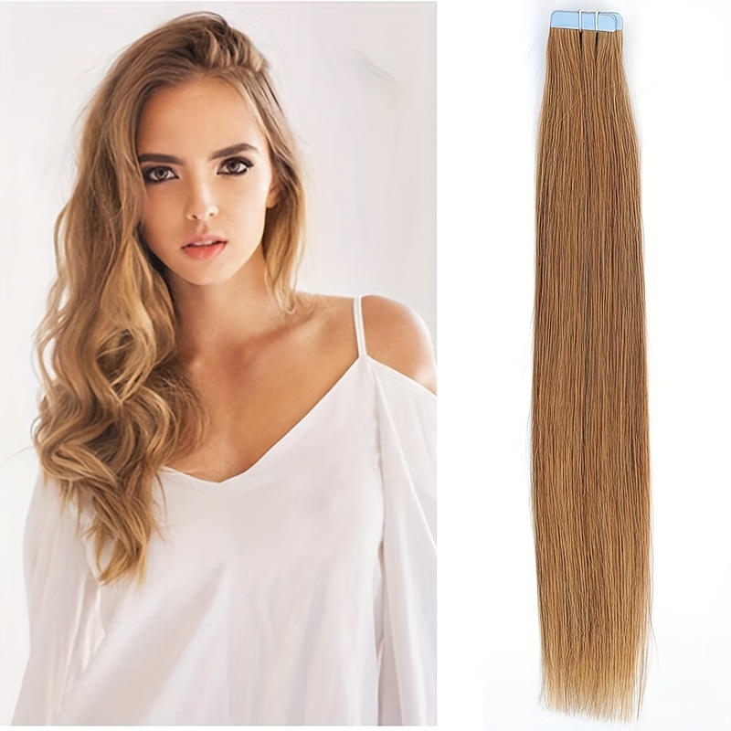 

20-piece Set Natural Caramel Blonde Tape-in Human Hair Extensions, Seamless Remy Hair, 18-26 Inch - Versatile For All Women