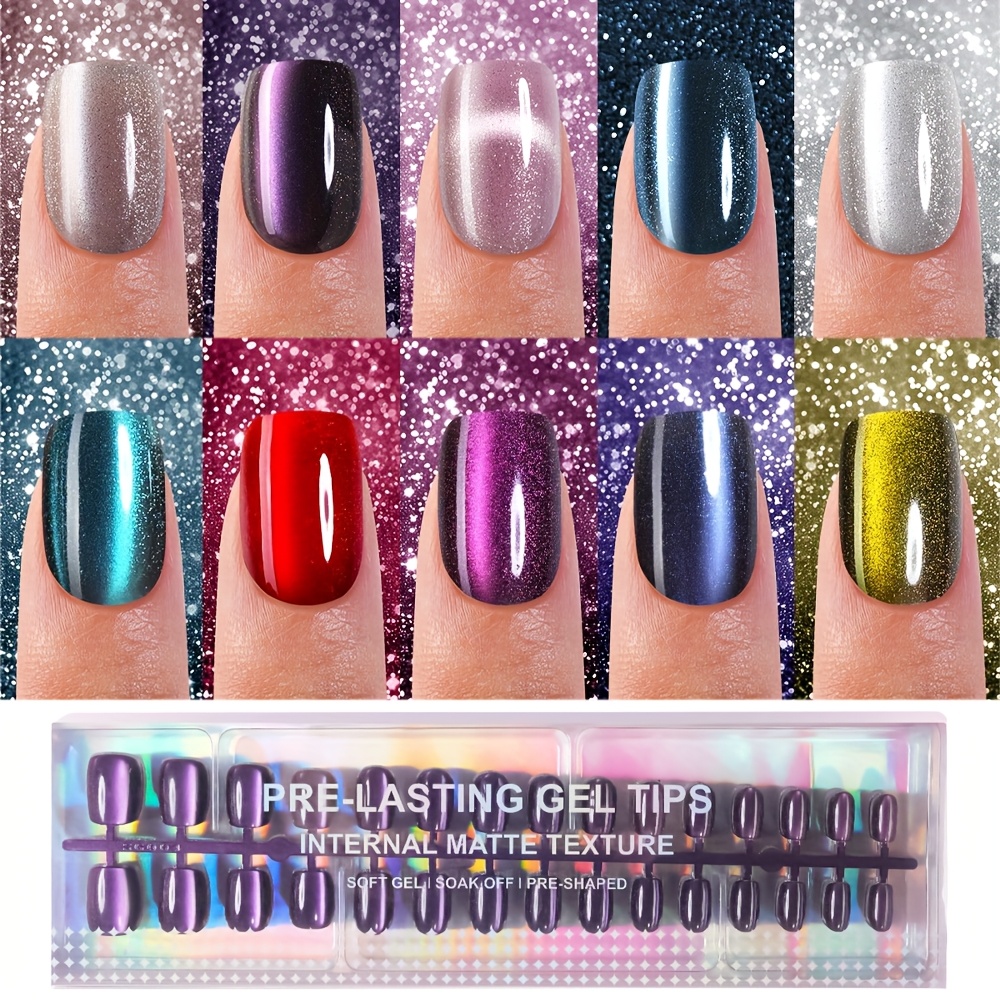E-shop 300 Stk. kurze quadratische Katzenauge-Französische-Press-on-Nägel, weiche Gel-Kunstnägel, zehn glänzende Katzenauge-Farb-Design-Nagelaufkleber,