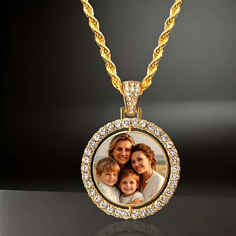 TEMU 1 pièce Pendentif Photo Rotatif DIY Personnalisable Double Face, Cadeau Bijou Collier Album Photo Personnalisé, avec Incrustation de en Verre,