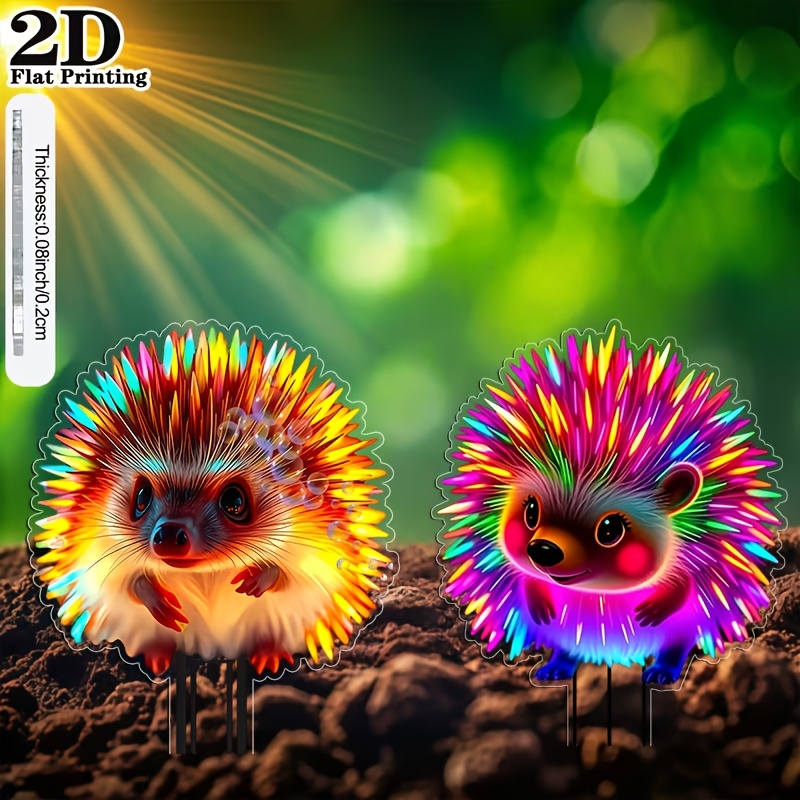 TEMU 2D Plat - 【2D Plat】 2D Plat - [2D Plat] 2D Plat, 2pcs Piquets de Jardin Hérisson avec Effet Impression 2D Plat Décoration Acrylique, Pas