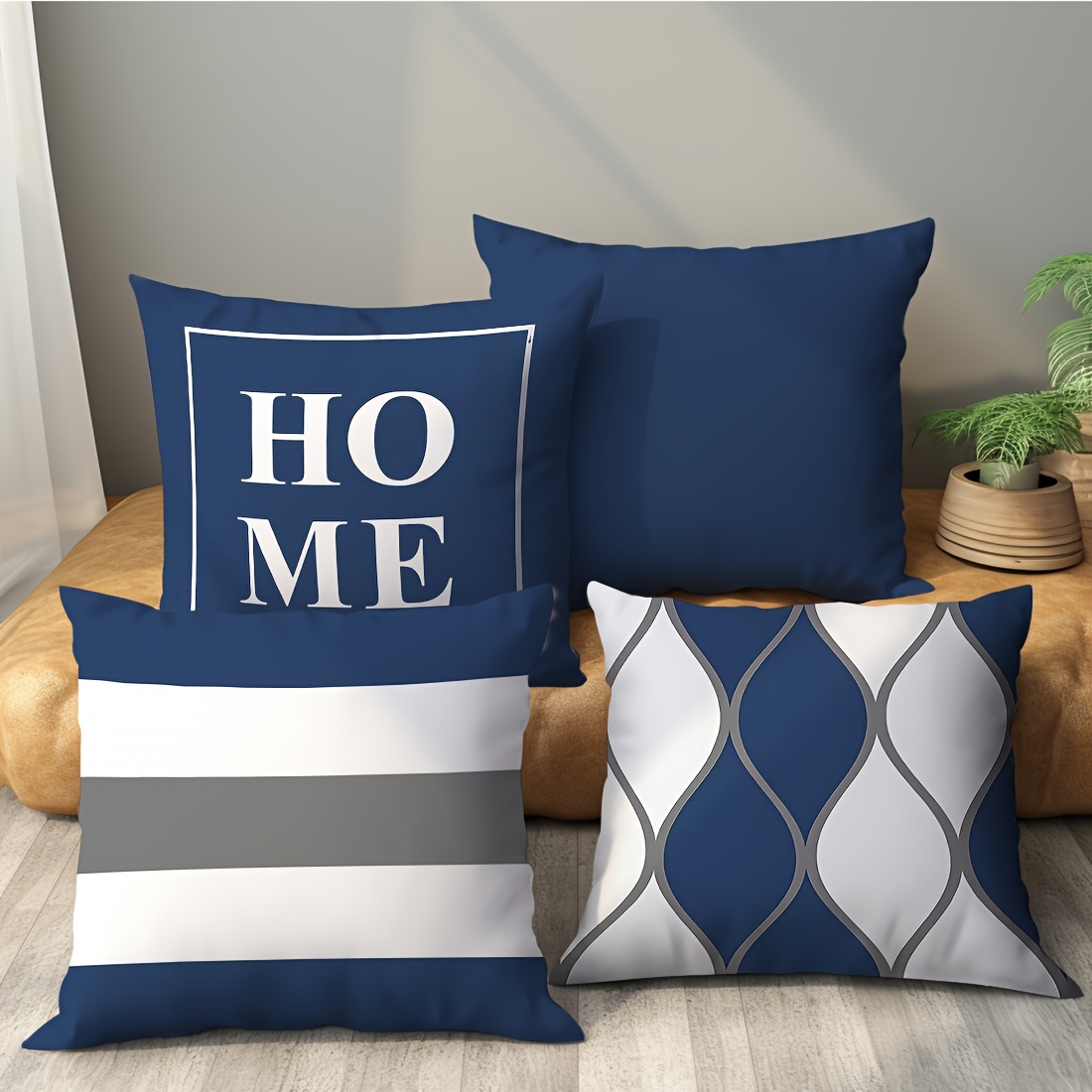 

4pcs Set, , Navy Blue Geometric Stripes, Single-sided Printing, Pillowcase, Sofa Cover, 45x45cm/17.7in