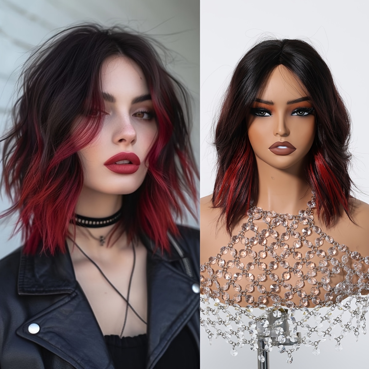 Image of Black Friday 14 Inch Short Wavy Black Wigs With Red Highlights Synthetic Wigs For Women For Daily Life, Dance Parties Or Christmas Cosplay Taking Photos