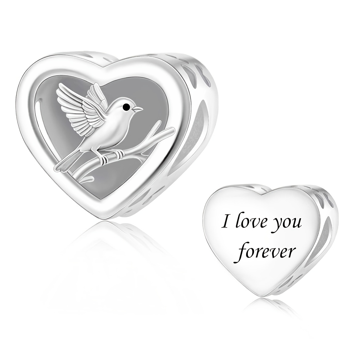 Silvery Plated Copper Heart Bead with Bird-On-Branch Pattern