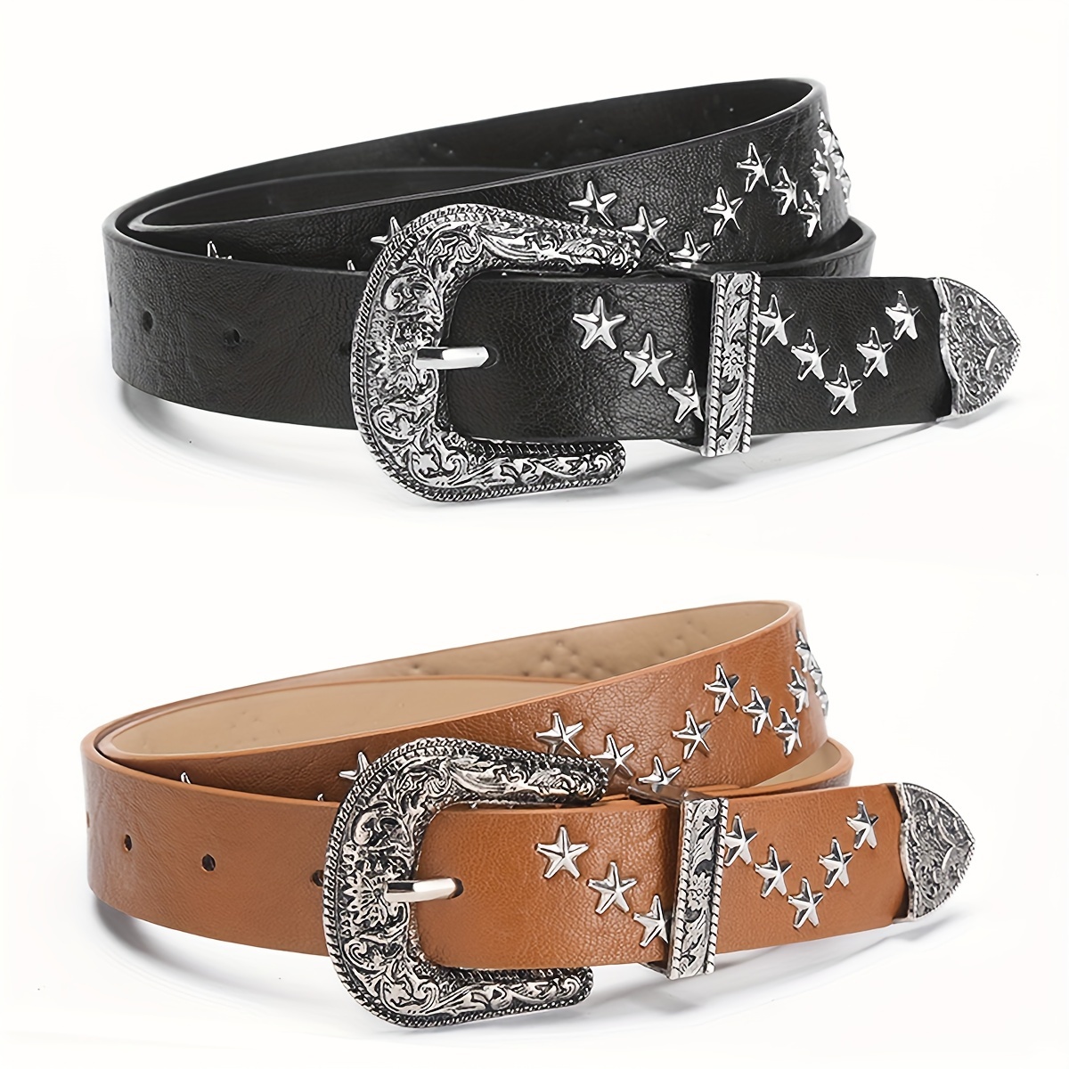 Western Waist Belt Leather Rivet Cowgirl Disc Belt Chic Casual Dress Accessory SUOSDEY Western Leather Belts for Women Vintage Cowgirl  main image 3