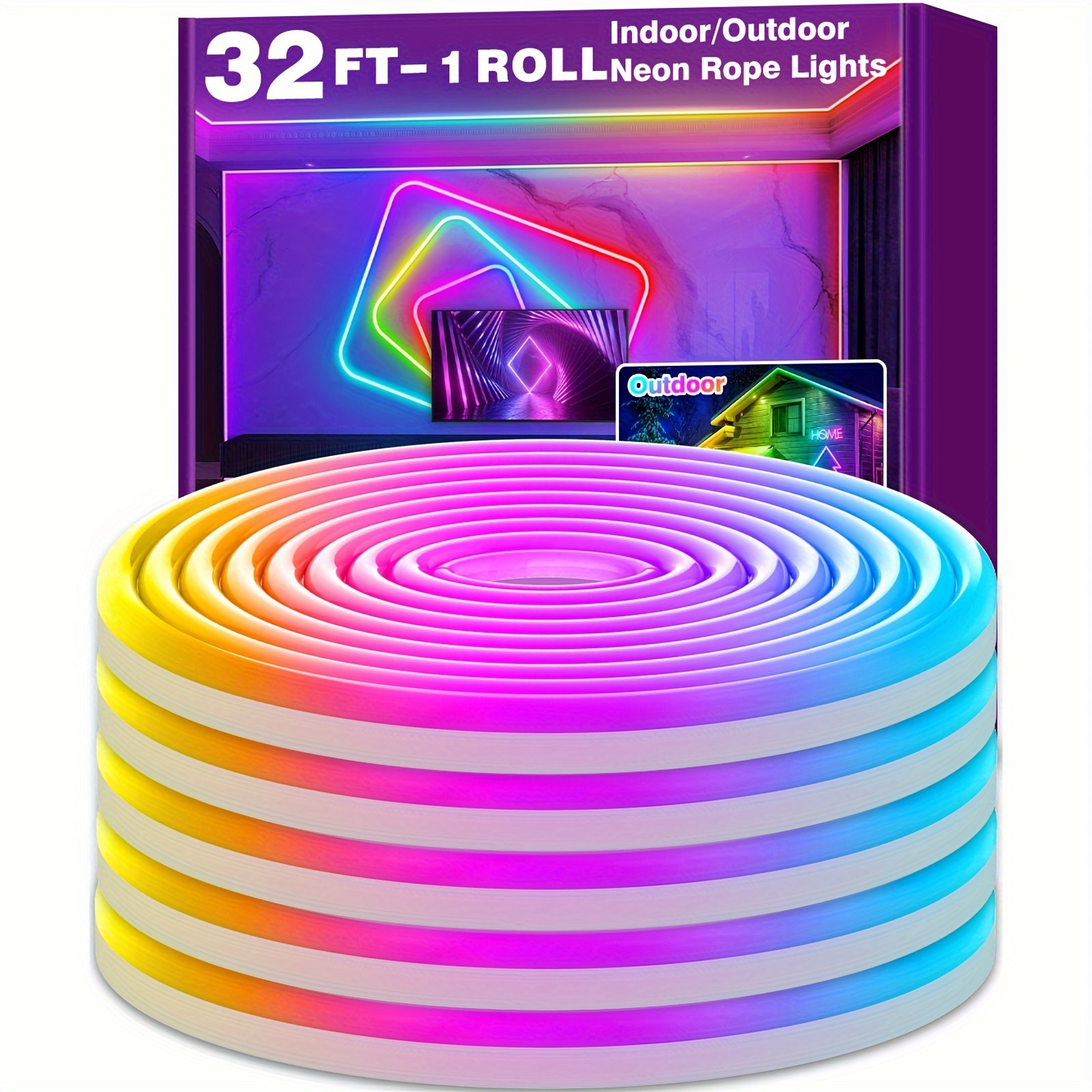 

32ft Led Neon Rope Lights, Multi-color Flexible Strip Light Kit For Indoor/outdoor Use, Waterproof, Ideal For Room Decor, Parties, Gaming Atmosphere