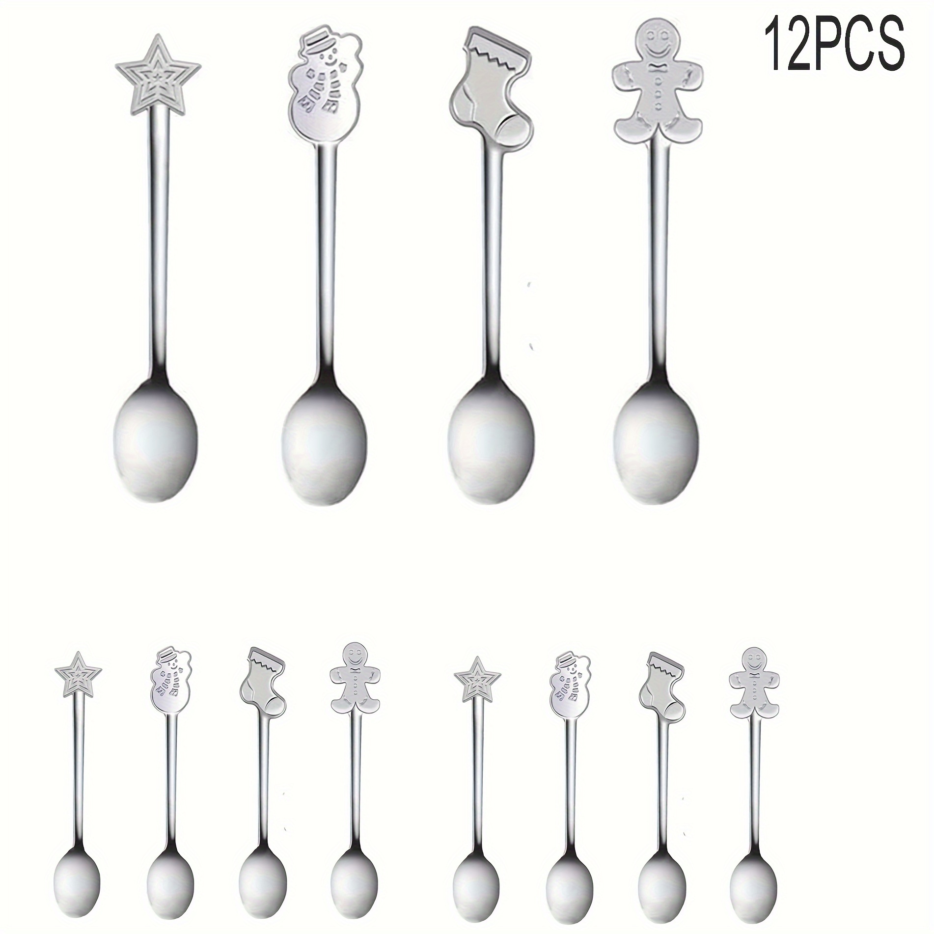 

12pcs Christmas Spoon Set - Stainless Steel Stirring, Spoons, With Cute Gingerbread, Stars And Tree Ornaments - Holiday Parties And Table Decor